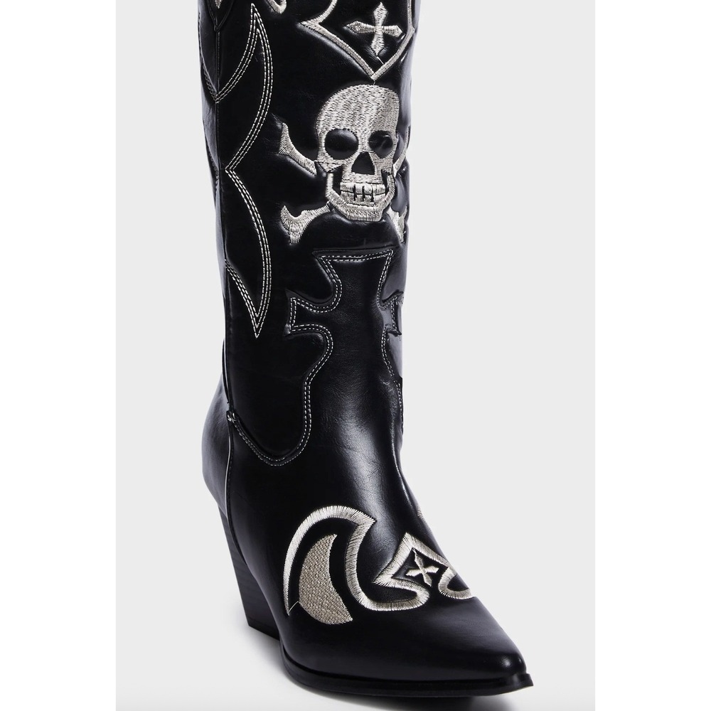 Dolls Kill Pink Kiss Womens 10 Black Skull Embroidery Western Boots Pointed Heel
